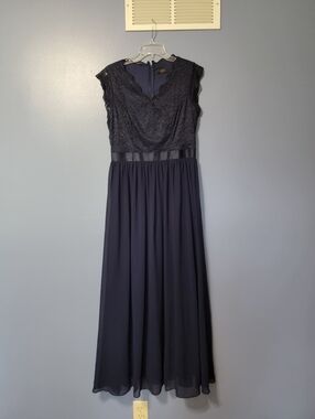 Navy Lace Bodice Maxi Dress with Satin Waist